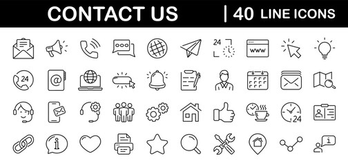 Contact us set of web icons in line style. Social Media network icons for web and mobile app. Customer service. Contact support sign and symbols. Call us, support, email, message, phone, info