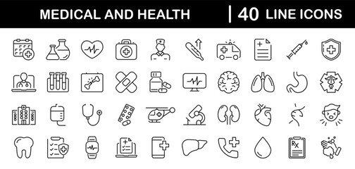 Medicine and health set of web icons in line style. Medical icons for web and mobile app. Medicine and Health Care symbols. Emergency, medical equipment, RX, MRI, doctor, lab, virus, prescription - obrazy, fototapety, plakaty