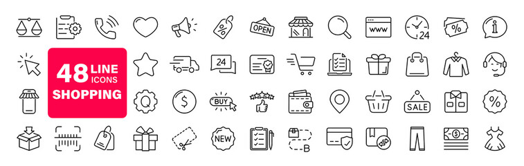 E-commerce and shopping set of web icons in line style. Shop icons for web and mobile app. Black Friday. Sale discount, mobile shop, digital marketing, delivery, bank card, gifts. Vector illustration