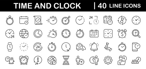 Fototapeta na wymiar Time and Clock set of web icons in line style. Time management. Timer, Speed, Date, Countdown, Alarm, Recovery, Time, clock, watch, calendar simple icons for web and mobile app. Vector illustration