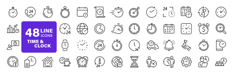 Time and Clock set of web icons in line style. Time management. Timer, Speed, Date, Countdown, Alarm, Recovery, Time, clock, watch, calendar simple icons for web and mobile app. Vector illustration