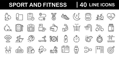 Obraz na płótnie Canvas Sport and Fitness set of web icons in line style. Gym and health care. Healthy lifestyle icons. Nutrition and dieting, training, body care, healthy food, workout, muscle, weight and more
