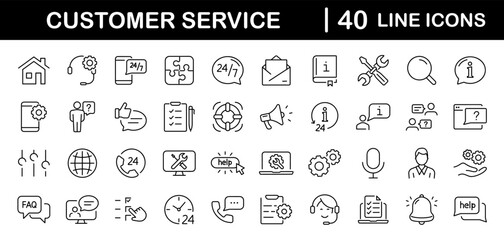 Fototapeta na wymiar Customer service set of web icons in line style. Help and support. Support and service icons for web and mobile app. Online help, assistance, customer, 24 hrs, service and more. Vector illustration