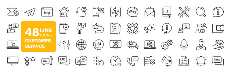 Customer service set of web icons in line style. Help and support. Support and service icons for web and mobile app. Online help, assistance, customer, 24 hrs, service and more. Vector illustration