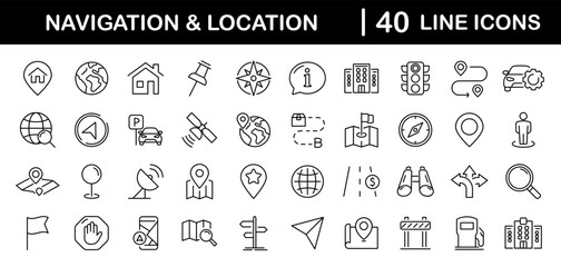 Navigation and location set of web icons in line style. Map location and navigation icons for web and mobile app. Map pin, GPS, compass, navigator, marker, map, pointer, traffic, travel, direction
