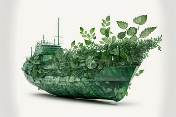 Generative AI blueprints of a miniature modern sustainable cargo ship made with green plants on a sea background - obrazy, fototapety, plakaty