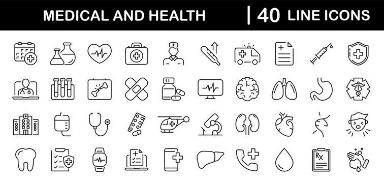 Medicine and health set of web icons in line style. Medical icons for web and mobile app. Medicine and Health Care symbols. Emergency, medical equipment, RX, MRI, doctor, lab, virus, prescription