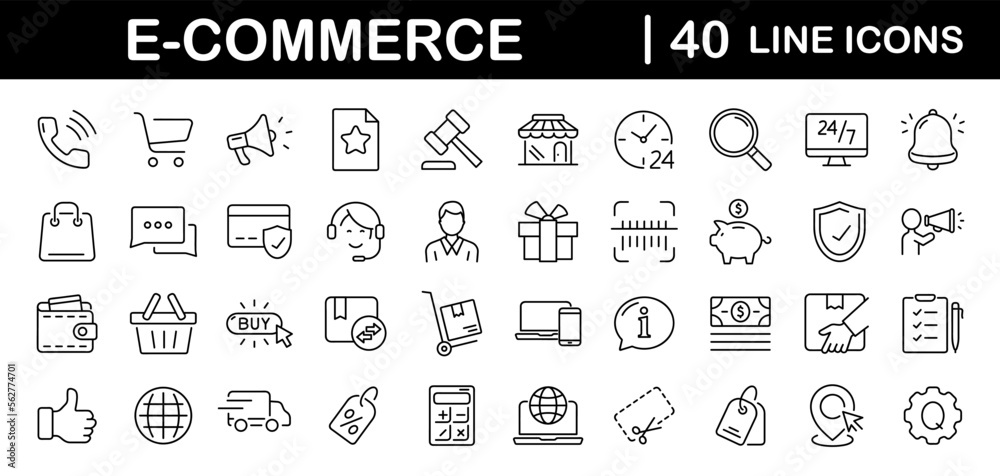 Poster e-commerce set of web icons in line style. online shopping icons for web and mobile app. business, m