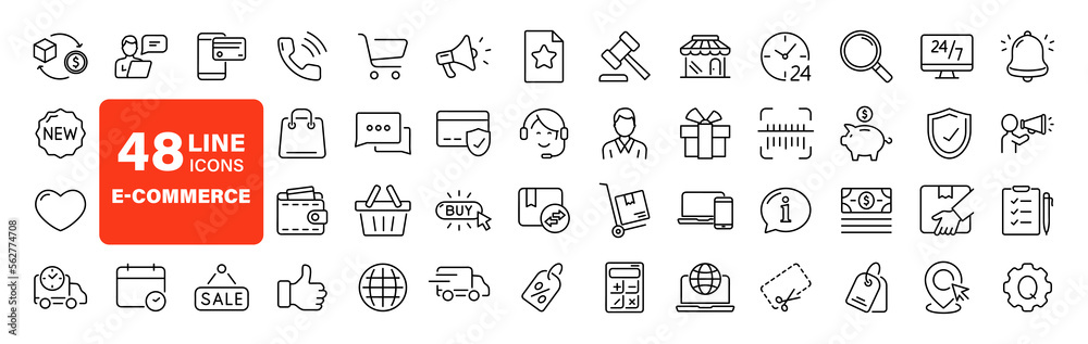 Poster E-Commerce set of web icons in line style. Online shopping icons for web and mobile app. Business, mobile shop, digital marketing, bank card, gifts, sale, delivery. Vector illustration