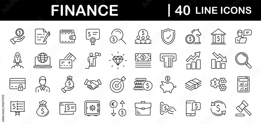 Poster Finance set of web icons in line style. Money and Payment icons for web and mobile app. Money, payments, financial report, pay, banking, business, coin and more. Vector illustration