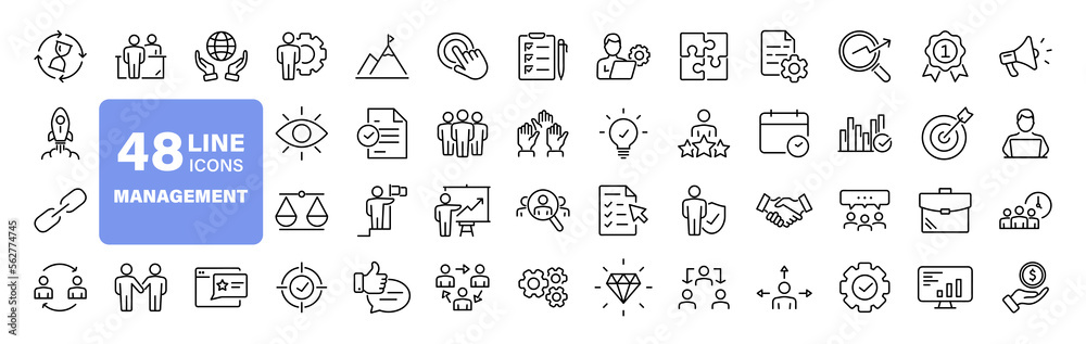 Poster Business Management set of web icons in line style. Management icons for web and mobile app. Media, teamwork, vision, mission, business, planning, strategy, marketing. Vector illustration