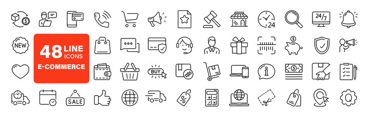 Fototapeta na wymiar E-Commerce set of web icons in line style. Online shopping icons for web and mobile app. Business, mobile shop, digital marketing, bank card, gifts, sale, delivery. Vector illustration