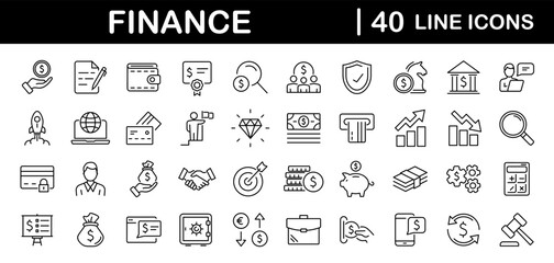 Fototapeta na wymiar Finance set of web icons in line style. Money and Payment icons for web and mobile app. Money, payments, financial report, pay, banking, business, coin and more. Vector illustration
