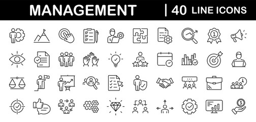 Obraz na płótnie Canvas Business Management set of web icons in line style. Management icons for web and mobile app. Media, teamwork, vision, mission, business, planning, strategy, marketing. Vector illustration