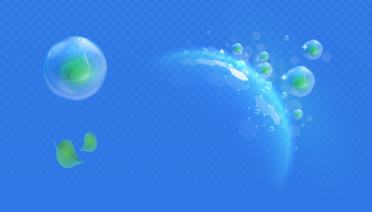 Light effect air flow fresh and mint bubbles. Shield dome with menthol leaf bubbles. Bubble force field for fresheners, cleaners, giving menthol flavor. Vector illustration