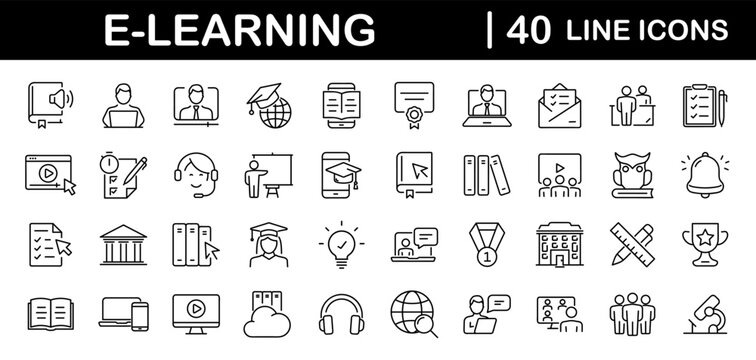 E-learning Set Of Web Icons In Line Style. Online Education Icons For Web And Mobile App. Distance Learning, Video Tutorial, Online Lecture, School, University, Webinar. Vector Illustration