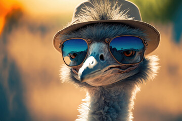 Cool emu bird with sunglasses and hat - Generative AI