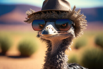 Lustiger Emu Vogel mit Sonnenbrille und Hut - Generative AI