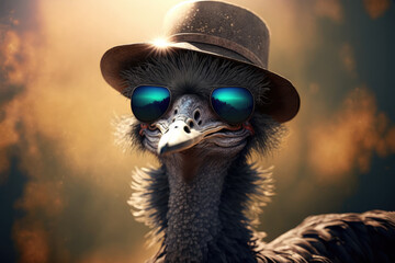 Funny emu bird with sunglasses and hat - Generative AI