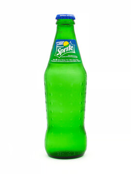 ROME, ITALY &ndash; JANUARY 19, 2023. Classic glass bottle of Sprite isolated on white background. Sprite is a colorless, caffeine-free, lemon and lime-flavored soft drink created by The Coca-Cola Company.