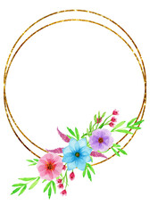 Golden frame with tropical flowers painted in watercolor. Flowers frame with golden lines and set of elements.