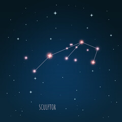 Obraz na płótnie Canvas Constellation scheme in starry sky. Open space. Vector illustration Sculptor constellation through a telescope