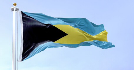 Close-up view of the Bahamas national flag waving in the wind