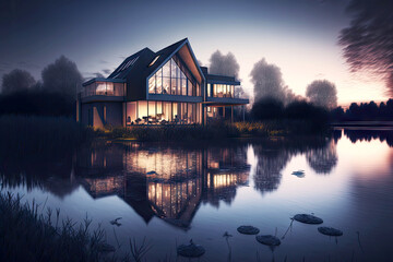 On shore of lake in thickets of reeds stands beautiful country house with contemporary house outside