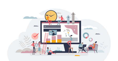 Hybrid workforce with distant employees and flexible job tiny person concept, transparent background. Business model with outsourcing colleagues for remote online tasks illustration.