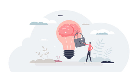 Intellectual property and legal copyright protection tiny person concept, transparent background.Patent protection for new innovations, ideas and patents illustration.