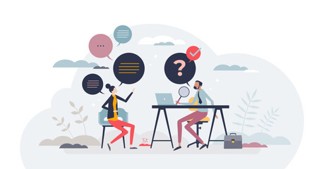 Job interview as human resources talking to candidate tiny person concept, transparent background. HR communication to find best employee and applicant illustration.