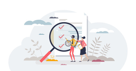 Quality control and satisfaction standard inspection tiny person concept, transparent background.Production and manufacturing process review and examination illustration.