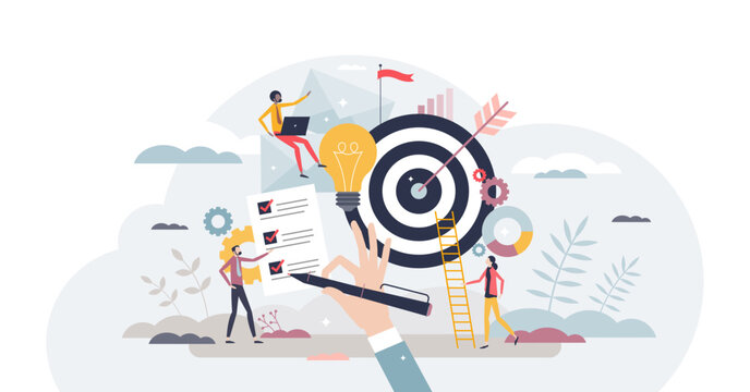 Objective Achievement Or Business Goal Success Management Tiny Person Concept, Transparent Background. Aim And Focus For Work Target Illustration. Efficiency And Ambition To Accomplish Perfect Result.