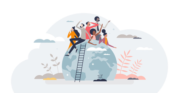 Population of the world with various ethnic groups tiny person concept, transparent background. Worldwide community and society characters with all culture and racial types illustration.