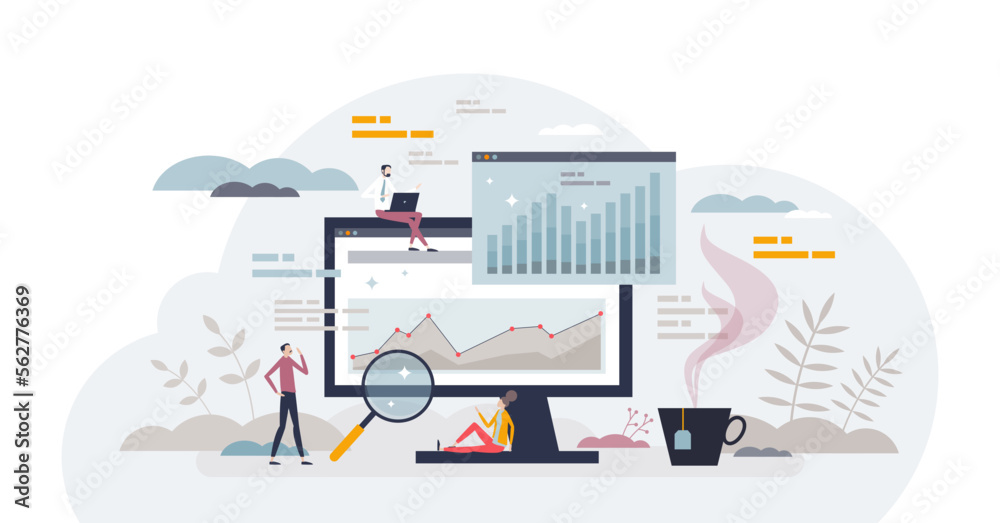 Poster data analytics with business information chart monitoring tiny person concept, transparent backgroun