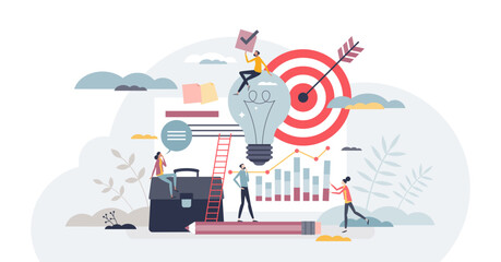 Business portfolio and statistics data about company tiny person concept, transparent background. Information summary about experience, skills.