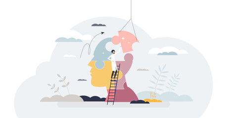 Clinical psychology as mental and behavioral health care tiny person concept, transparent background.Emotional illness support with therapy and thinking change illustration.