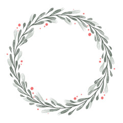 Watercolor decorative Circle floral Frame. Botanical round Wreath with branches, herbs, plants, and leaves. Rustic wedding border