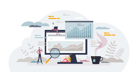 Data analytics with business information chart monitoring tiny person concept, transparent background. Infographic with statistical dashboard and future planning or research illustration.