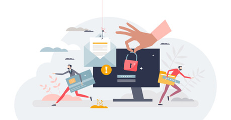 Data breach security attack and hacker fraud problem tiny person concept, transparent background. Leak information and confidential information phishing illustration.