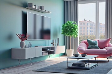 cozy living room, Sofa, Accent Chair, Coffee Table, TV  made with generative ai, pastel colors, 3d illustration