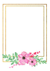 Golden frame with tropical flowers painted in watercolor. Flowers frame with golden lines and set of elements.