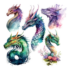 Colorful dragon set with wings isolated on white background. Watercolor. Illustration. Template. Sketch. Handmade Clip art.
