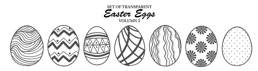 Cute hand drawn isolated gray outline easter eggs on transparent background png file (Vol.1)