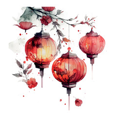 Chinese New Year festive vector card Design on watercolor background Chinese red lanterns © 1emonkey