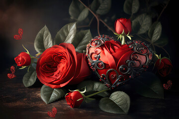 Wonderful red roses with green leaves, love, valentine, Generative AI