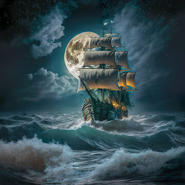 A majestic sailing ship navigates through turbulent ocean waves under a moonlit sky. The full moon illuminates the clouds and casts a mystical glow on the sea.AI generated.