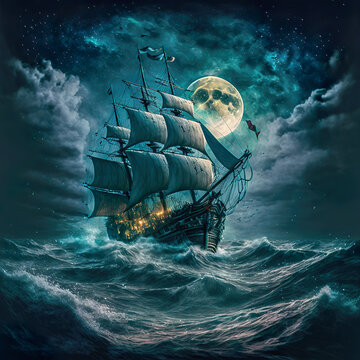  AI-generated image of a tall ship sailing under a full moon in a tumultuous sea, evoking a sense of adventure and mystery.