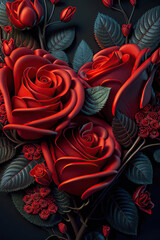 Three beautiful red roses with leaves, Generative AI