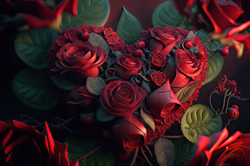 Beautiful heart of red roses with green leaves, St. Valentine's Day, Generative AI